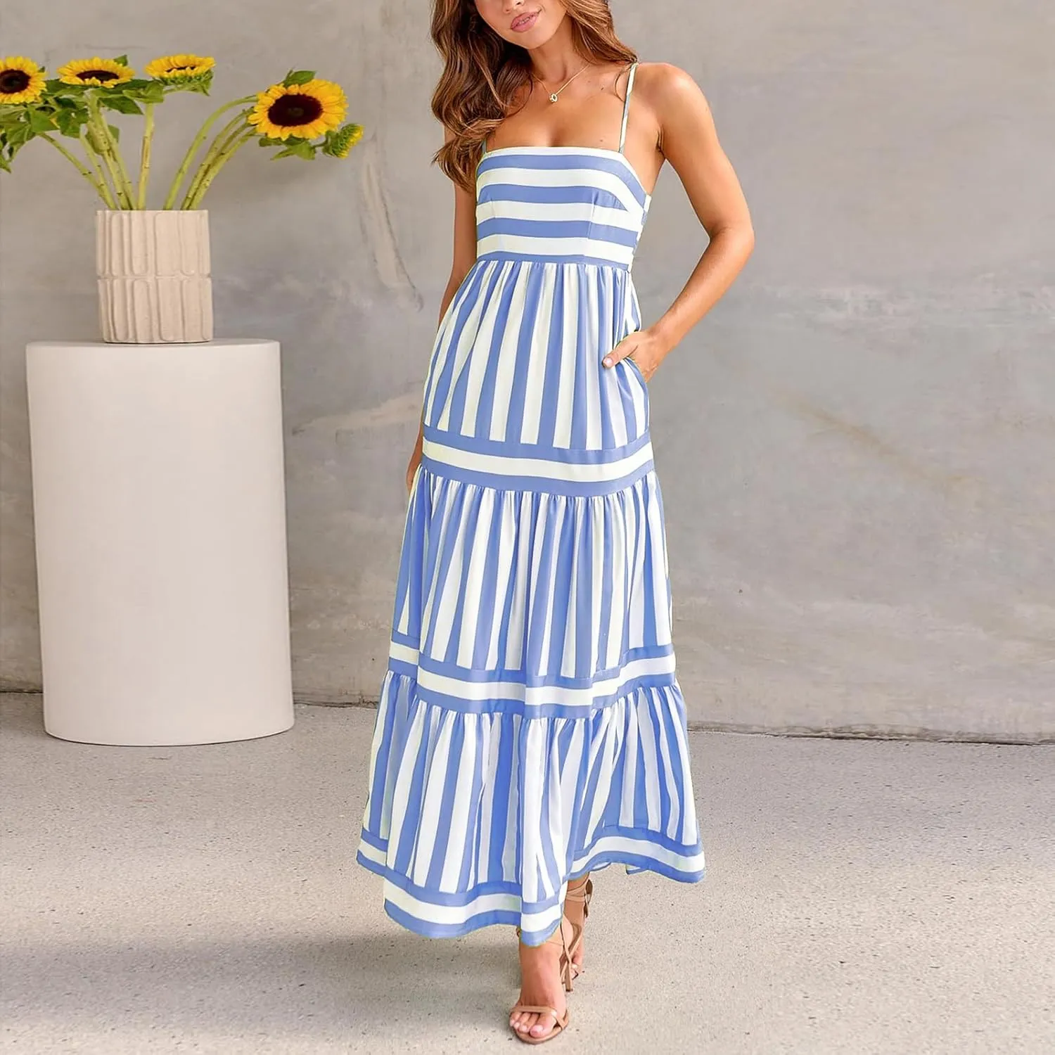 Thopavenoir Women Summer Striped Long Dress Spaghetti Strap Tiered Slip Maxi Dresses Flowy Swing Beach Vocation Sundresses