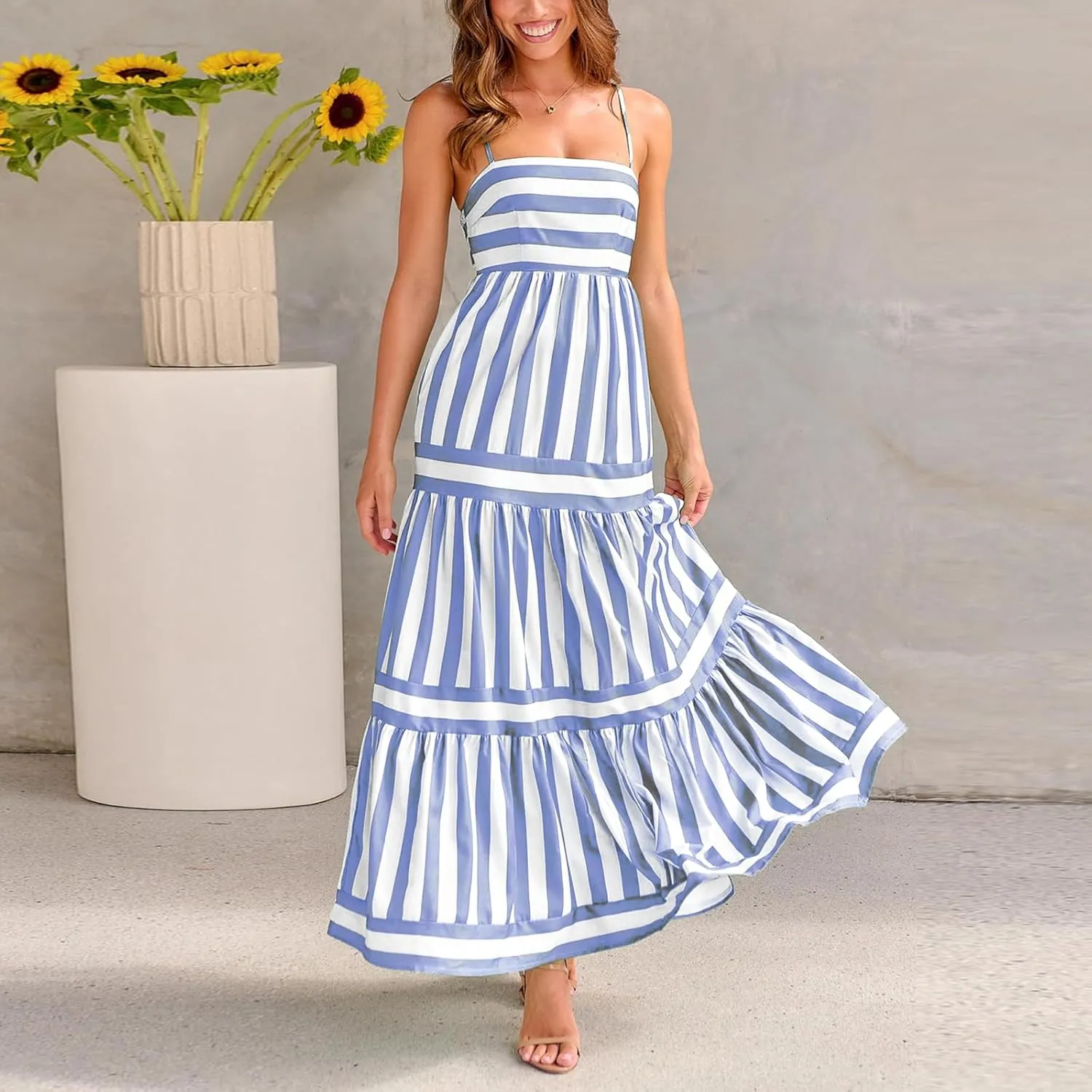 Thopavenoir Women Summer Striped Long Dress Spaghetti Strap Tiered Slip Maxi Dresses Flowy Swing Beach Vocation Sundresses