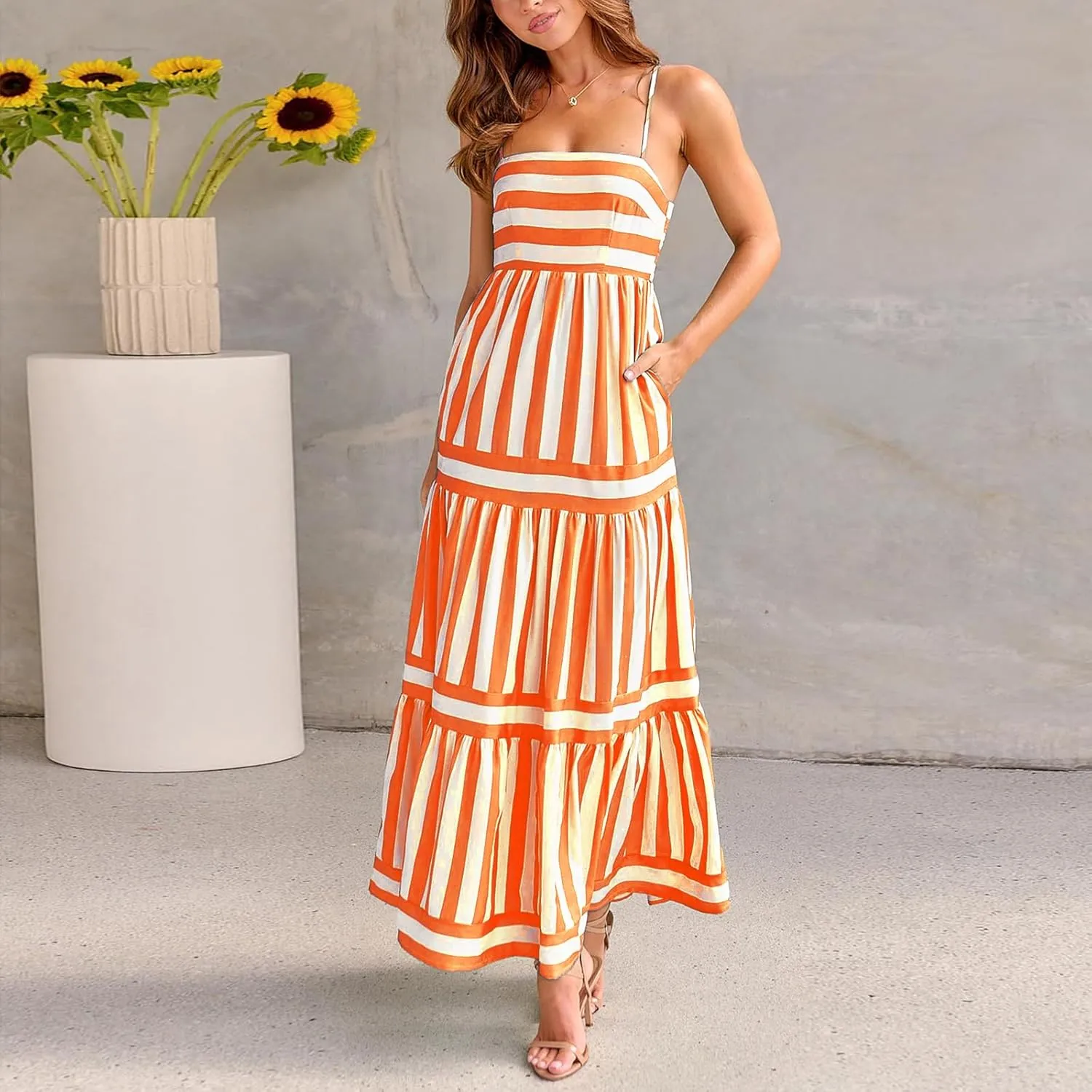Thopavenoir Women Summer Striped Long Dress Spaghetti Strap Tiered Slip Maxi Dresses Flowy Swing Beach Vocation Sundresses