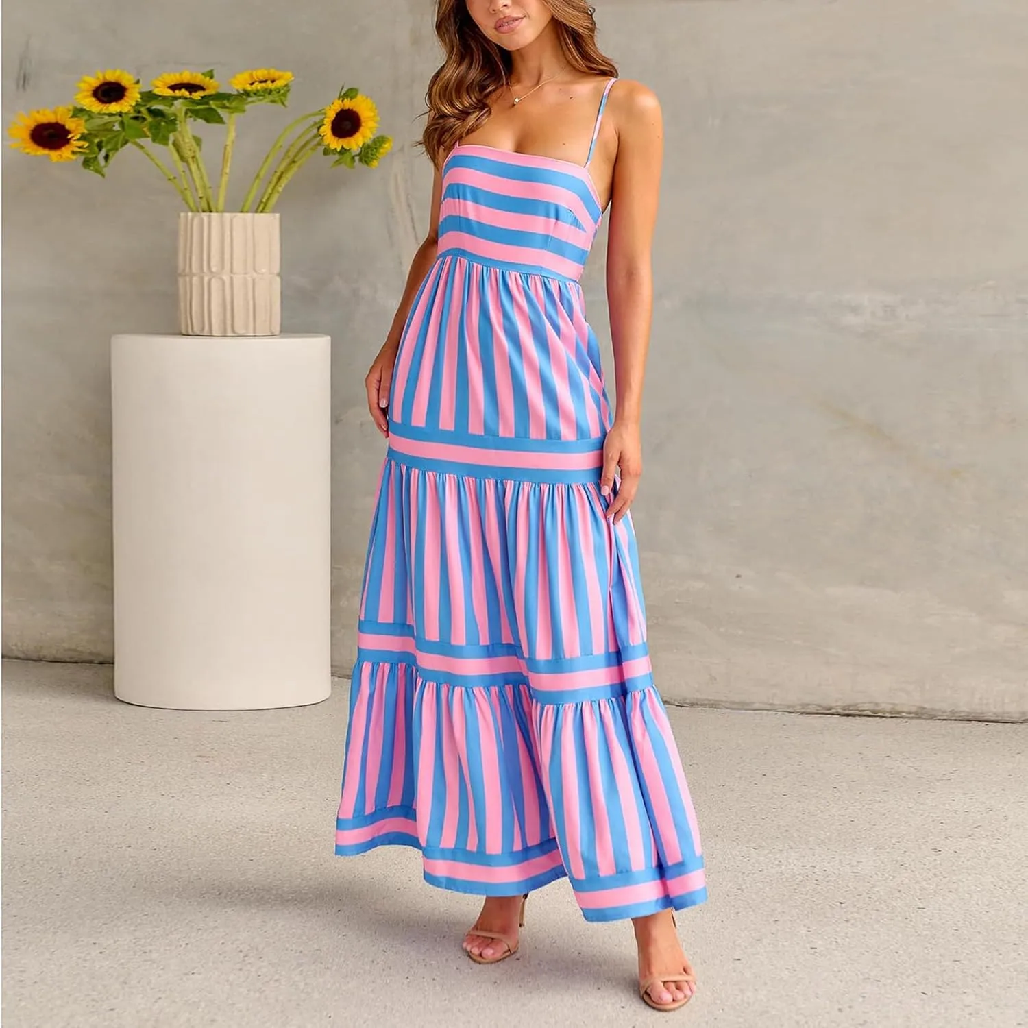 Thopavenoir Women Summer Striped Long Dress Spaghetti Strap Tiered Slip Maxi Dresses Flowy Swing Beach Vocation Sundresses