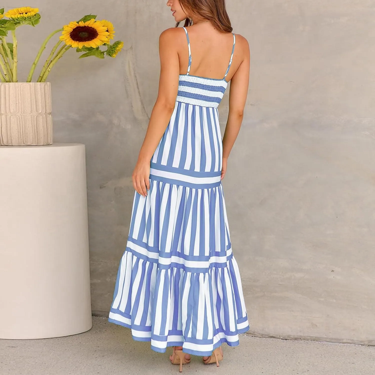 Thopavenoir Women Summer Striped Long Dress Spaghetti Strap Tiered Slip Maxi Dresses Flowy Swing Beach Vocation Sundresses