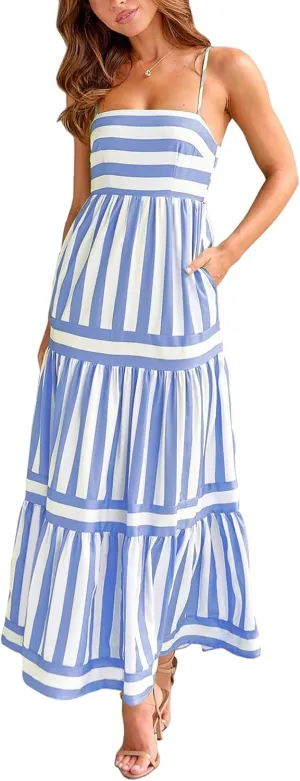 Thopavenoir Women Summer Striped Long Dress Spaghetti Strap Tiered Slip Maxi Dresses Flowy Swing Beach Vocation Sundresses