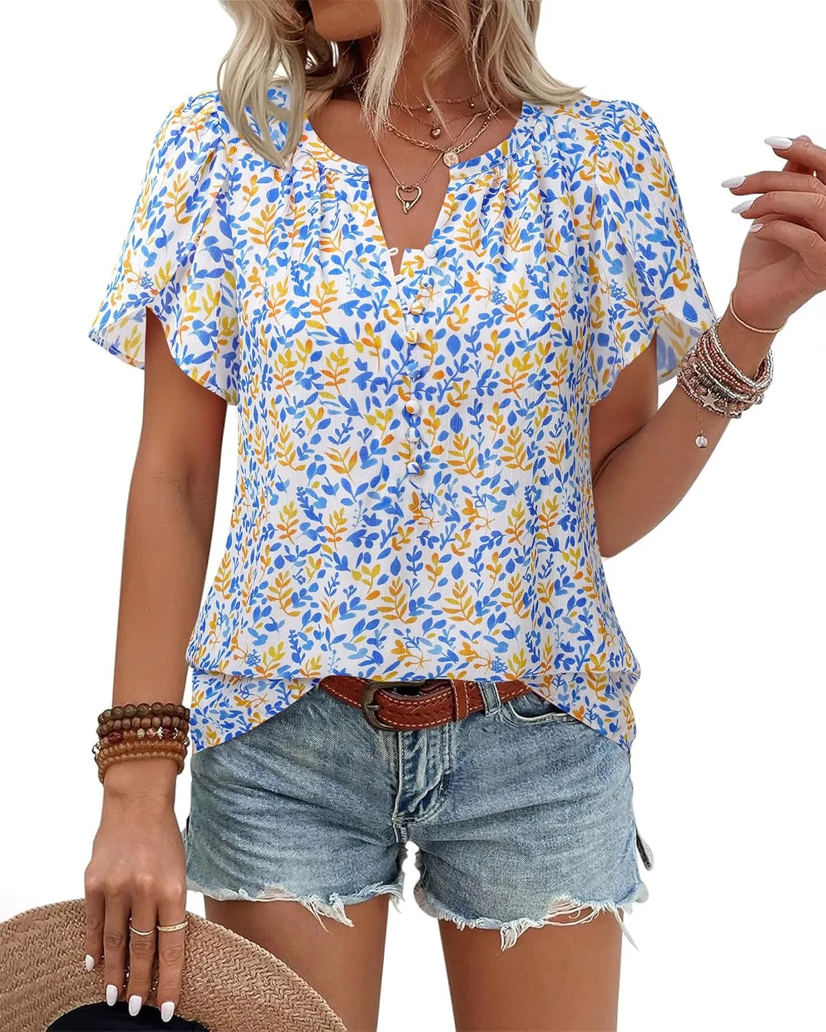 Timeson Womens Summer Tops Boho Short Sleeve Business Casual Blouses Button Down Floral Shirts Fashion Beach Vacation Clothes
