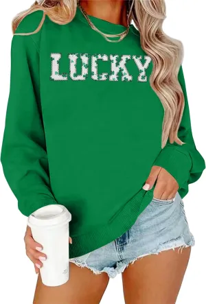 VVNTY St. Patrick's Day Sweatshirt for Women: Embroidered Lucky Shamrock Graphic Tee Shirts Paddy's Day Pullover Tops