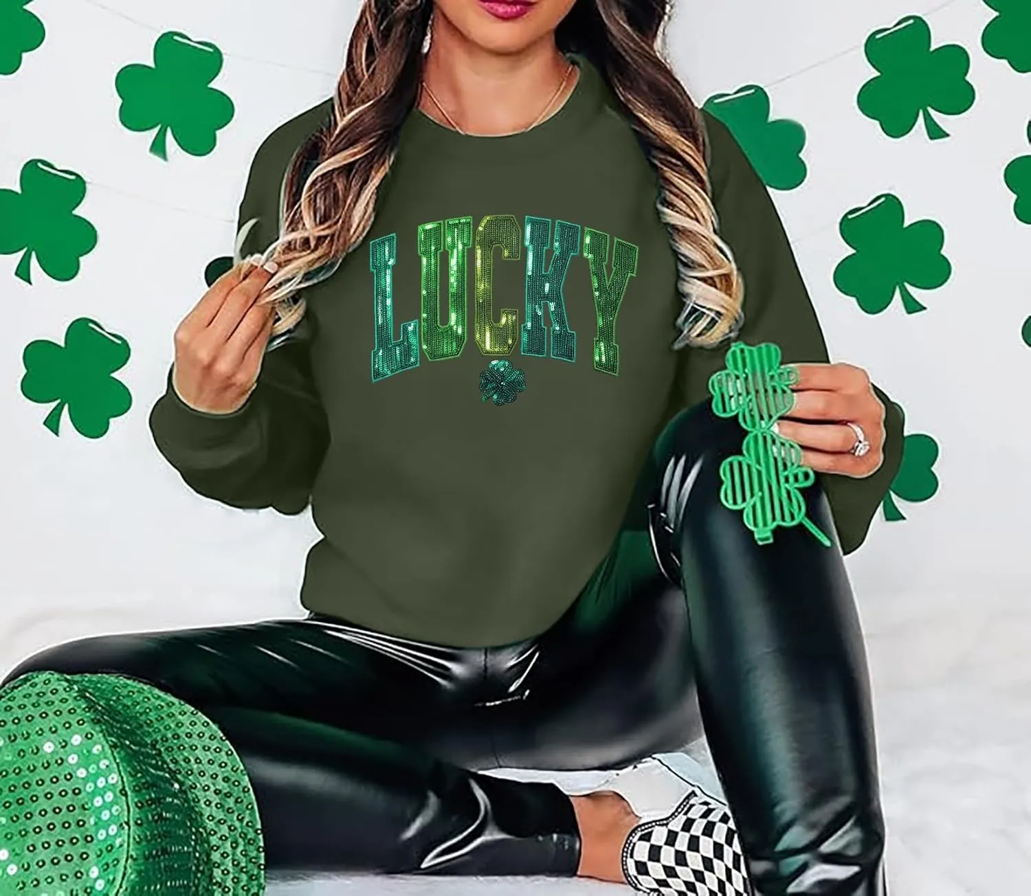 VVNTY St. Patrick's Day Sweatshirt for Women: Embroidered Lucky Shamrock Graphic Tee Shirts Paddy's Day Pullover Tops