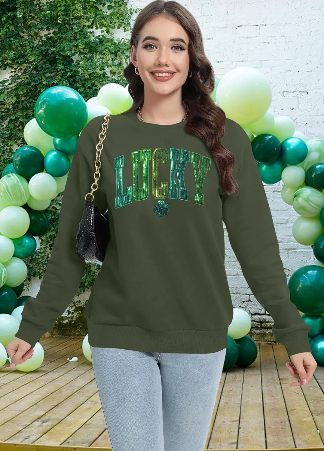 VVNTY St. Patrick's Day Sweatshirt for Women: Embroidered Lucky Shamrock Graphic Tee Shirts Paddy's Day Pullover Tops