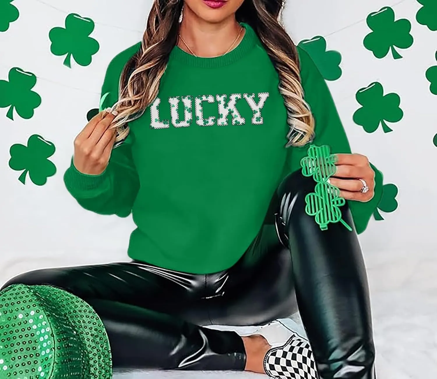 VVNTY St. Patrick's Day Sweatshirt for Women: Embroidered Lucky Shamrock Graphic Tee Shirts Paddy's Day Pullover Tops