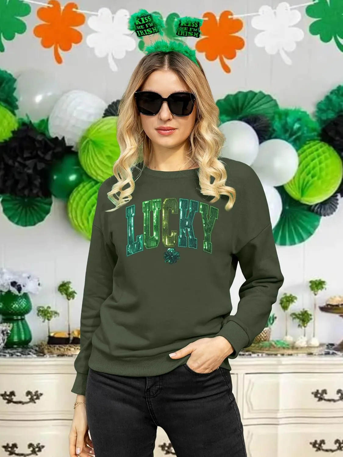 VVNTY St. Patrick's Day Sweatshirt for Women: Embroidered Lucky Shamrock Graphic Tee Shirts Paddy's Day Pullover Tops
