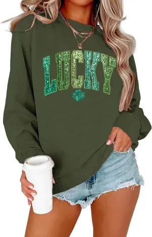 VVNTY St. Patrick's Day Sweatshirt for Women: Embroidered Lucky Shamrock Graphic Tee Shirts Paddy's Day Pullover Tops