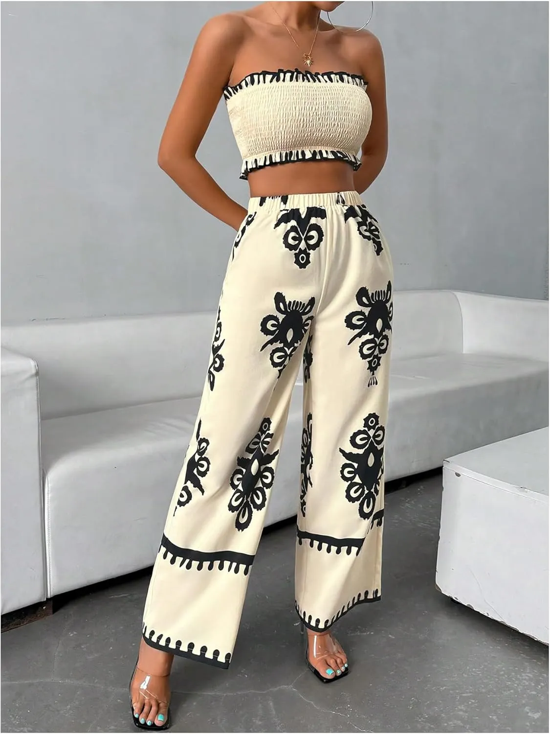WDIRARA Women's 2 Piece Outfits Sleeveless Strapless Smocked Crop Tube Top and Graphic Wide Leg Pants Set