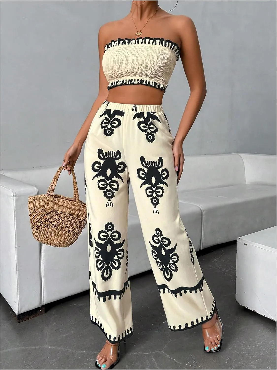 WDIRARA Women's 2 Piece Outfits Sleeveless Strapless Smocked Crop Tube Top and Graphic Wide Leg Pants Set