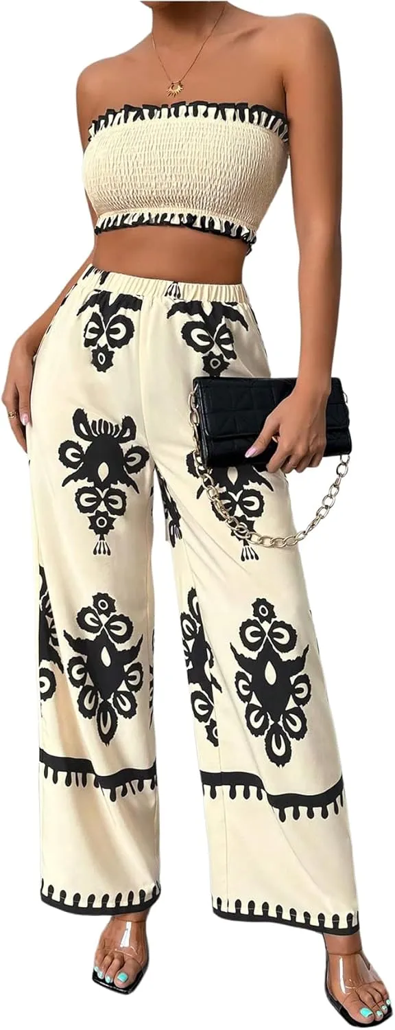 WDIRARA Women's 2 Piece Outfits Sleeveless Strapless Smocked Crop Tube Top and Graphic Wide Leg Pants Set