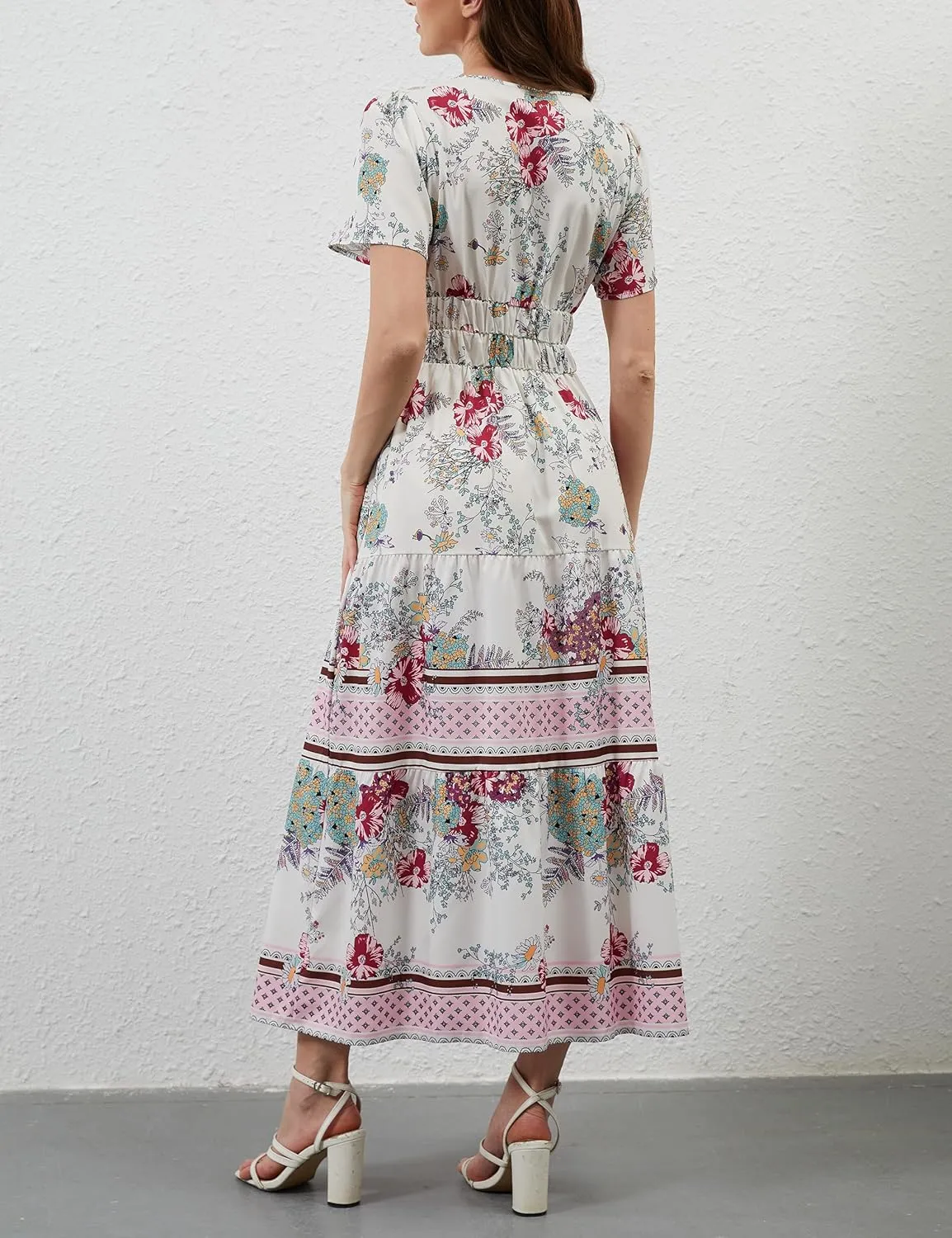 Women Casual Bohemian Floral Dress V Neck Short Sleeve Tiered Maxi Dress Summer Boho Flowy Swing Long Dresses