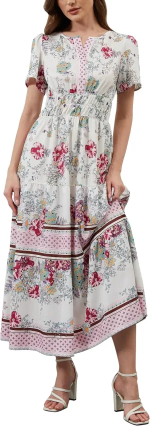 Women Casual Bohemian Floral Dress V Neck Short Sleeve Tiered Maxi Dress Summer Boho Flowy Swing Long Dresses