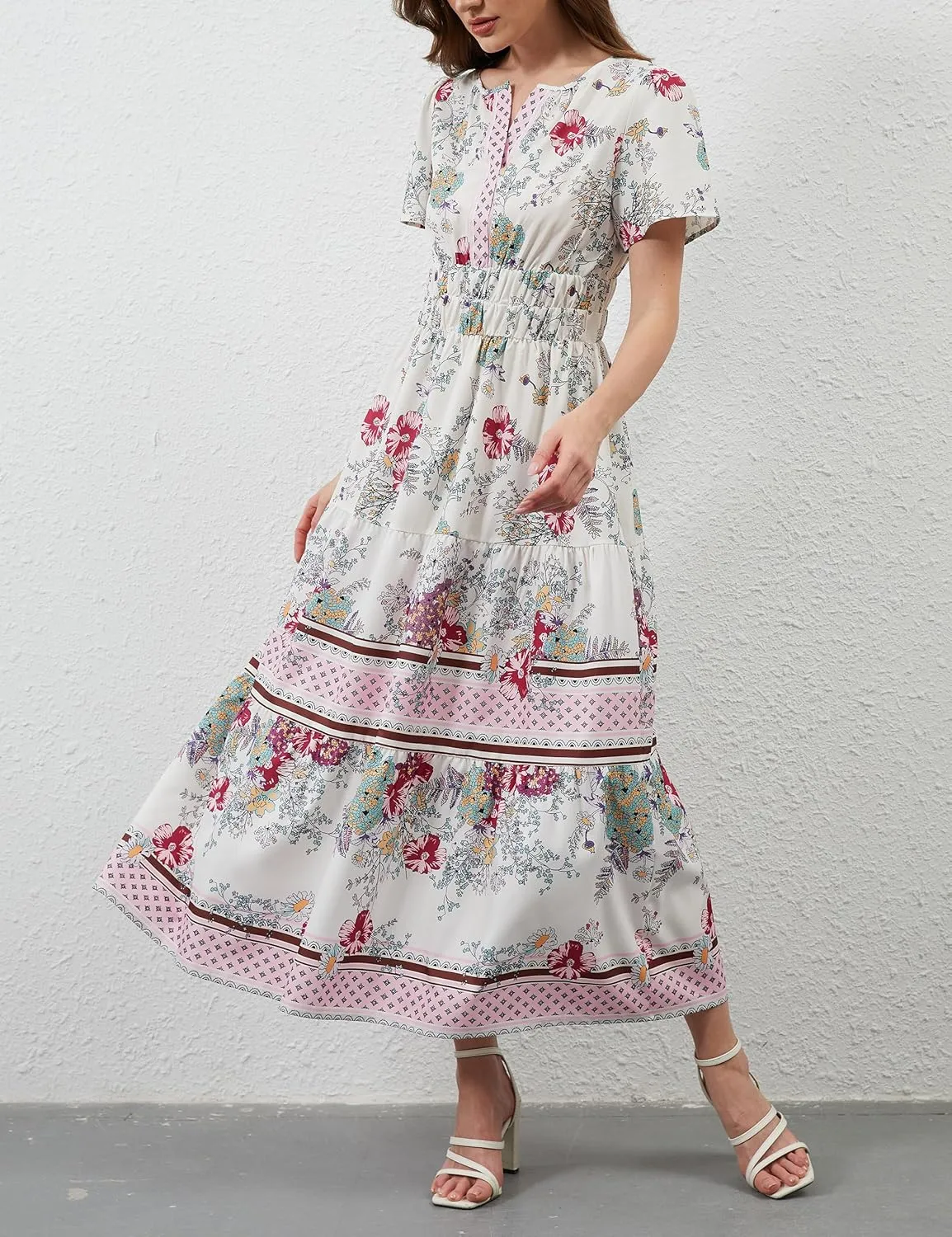 Women Casual Bohemian Floral Dress V Neck Short Sleeve Tiered Maxi Dress Summer Boho Flowy Swing Long Dresses