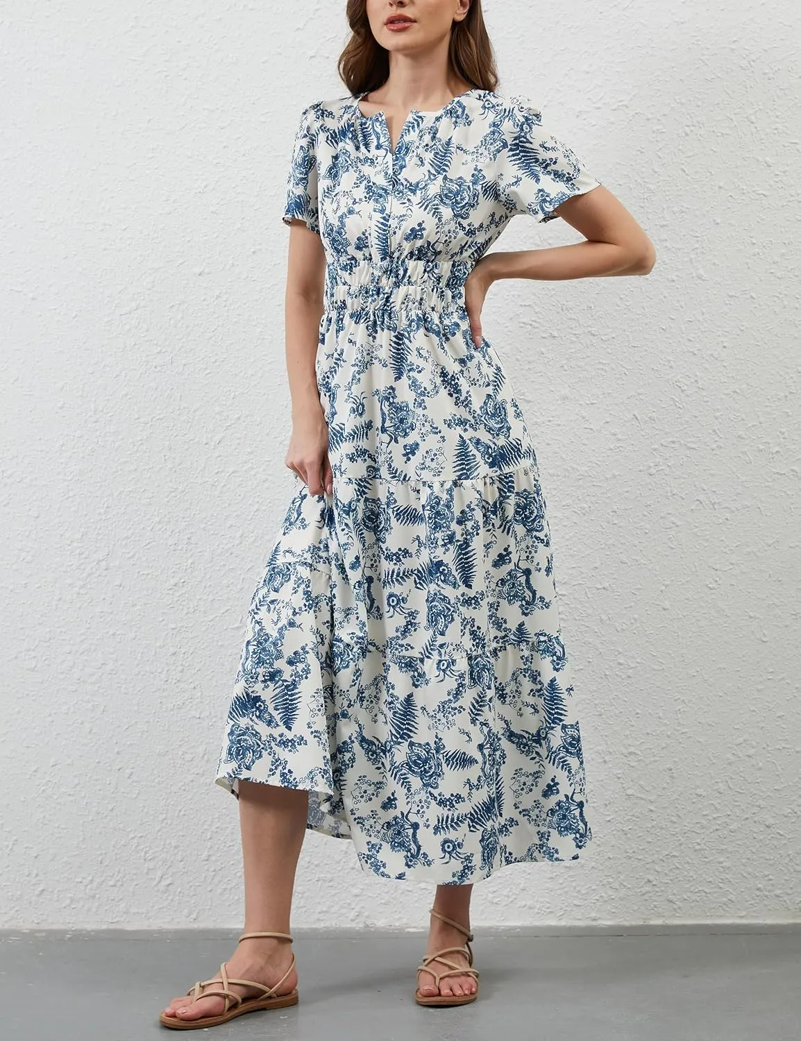 Women Casual Bohemian Floral Dress V Neck Short Sleeve Tiered Maxi Dress Summer Boho Flowy Swing Long Dresses