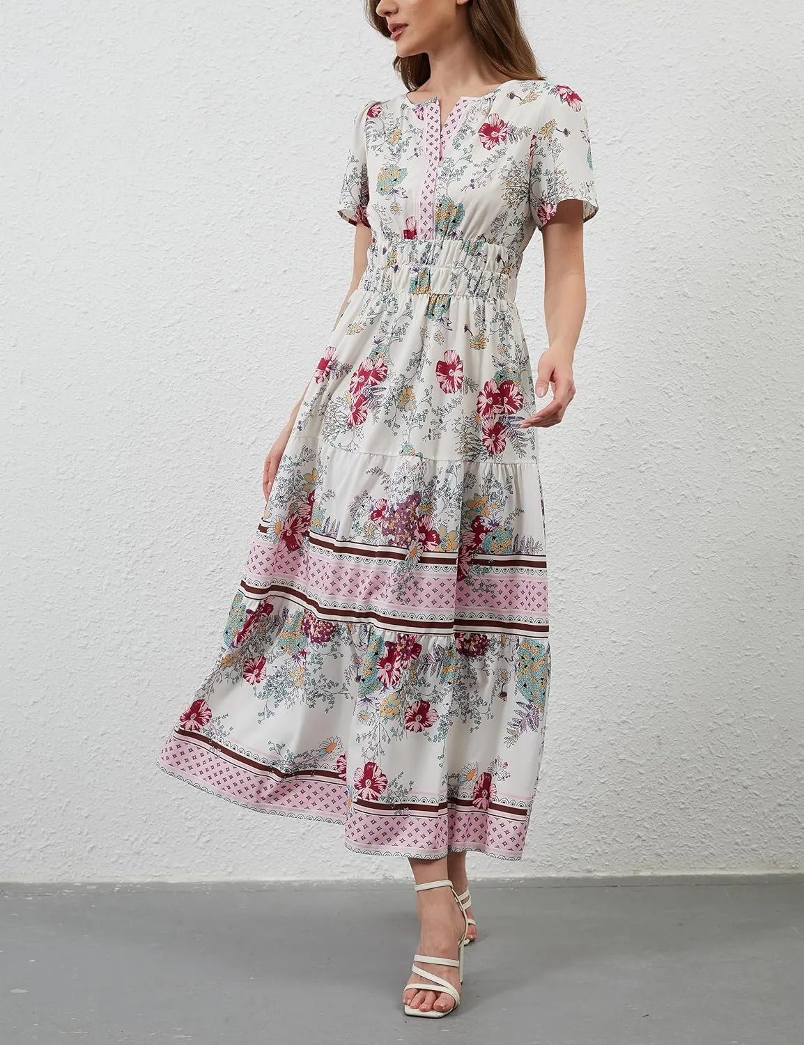 Women Casual Bohemian Floral Dress V Neck Short Sleeve Tiered Maxi Dress Summer Boho Flowy Swing Long Dresses