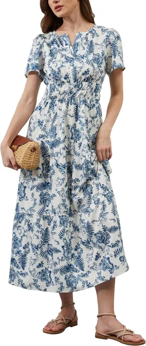 Women Casual Bohemian Floral Dress V Neck Short Sleeve Tiered Maxi Dress Summer Boho Flowy Swing Long Dresses