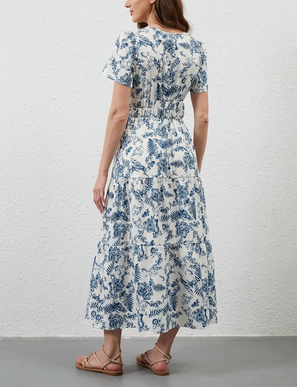 Women Casual Bohemian Floral Dress V Neck Short Sleeve Tiered Maxi Dress Summer Boho Flowy Swing Long Dresses