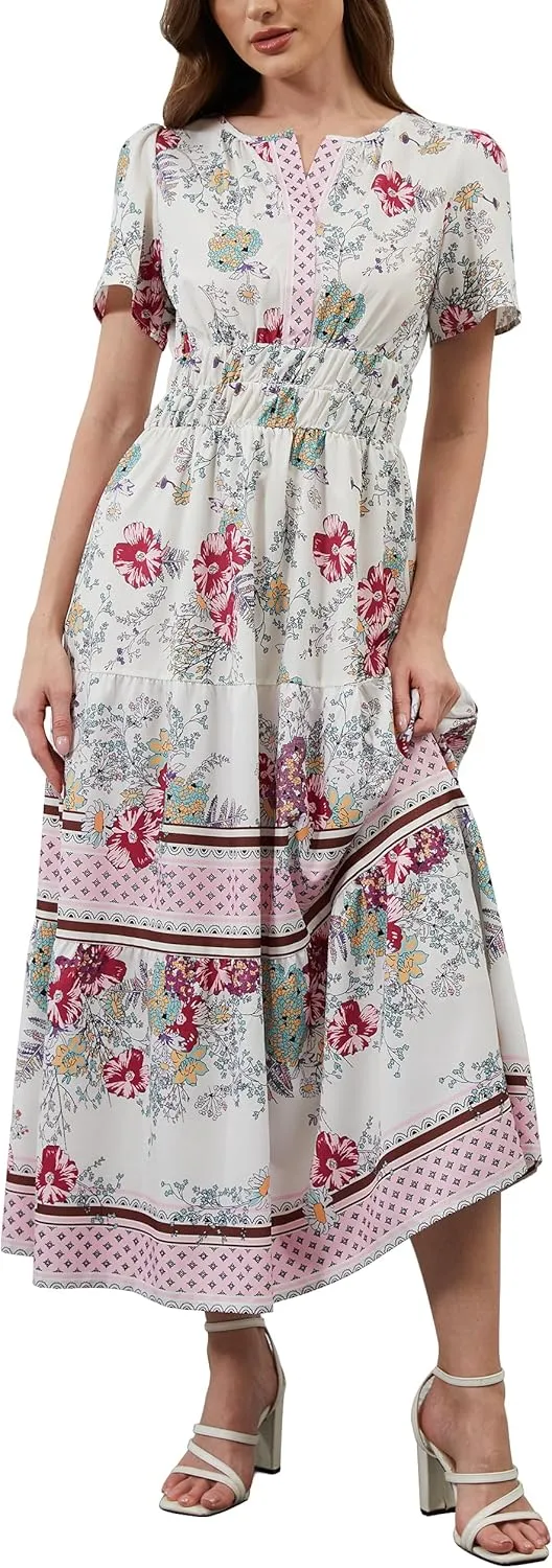 Women Casual Bohemian Floral Dress V Neck Short Sleeve Tiered Maxi Dress Summer Boho Flowy Swing Long Dresses