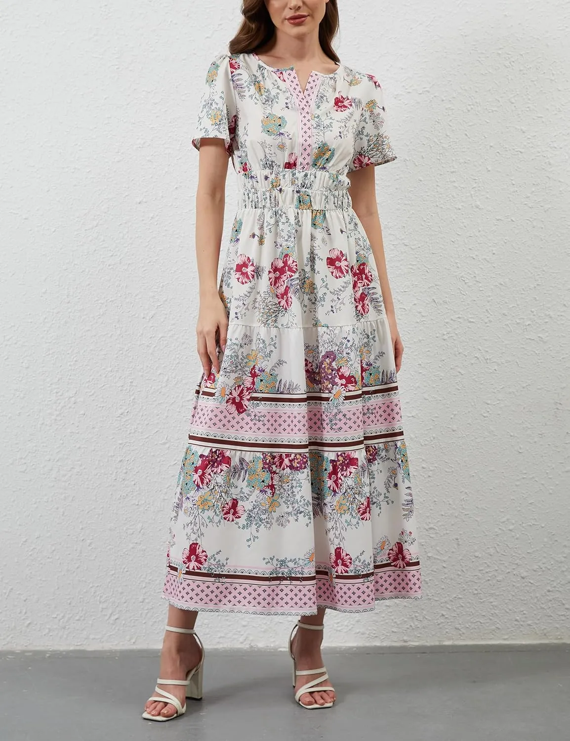 Women Casual Bohemian Floral Dress V Neck Short Sleeve Tiered Maxi Dress Summer Boho Flowy Swing Long Dresses