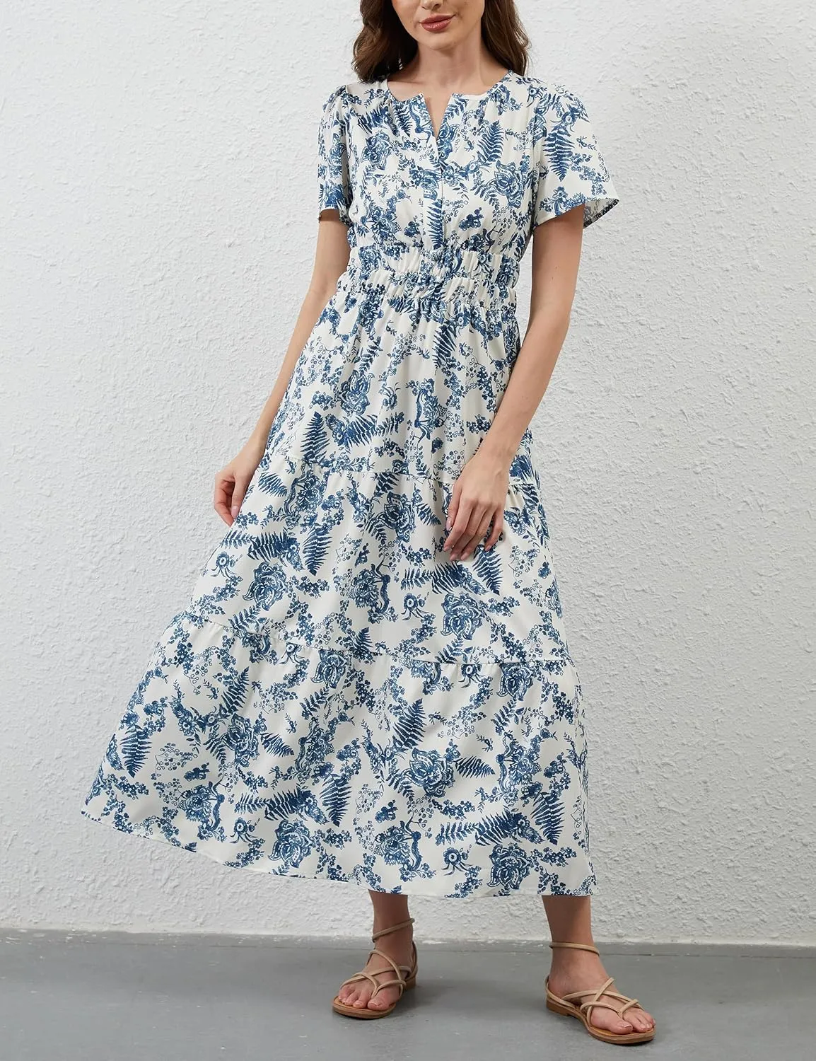 Women Casual Bohemian Floral Dress V Neck Short Sleeve Tiered Maxi Dress Summer Boho Flowy Swing Long Dresses