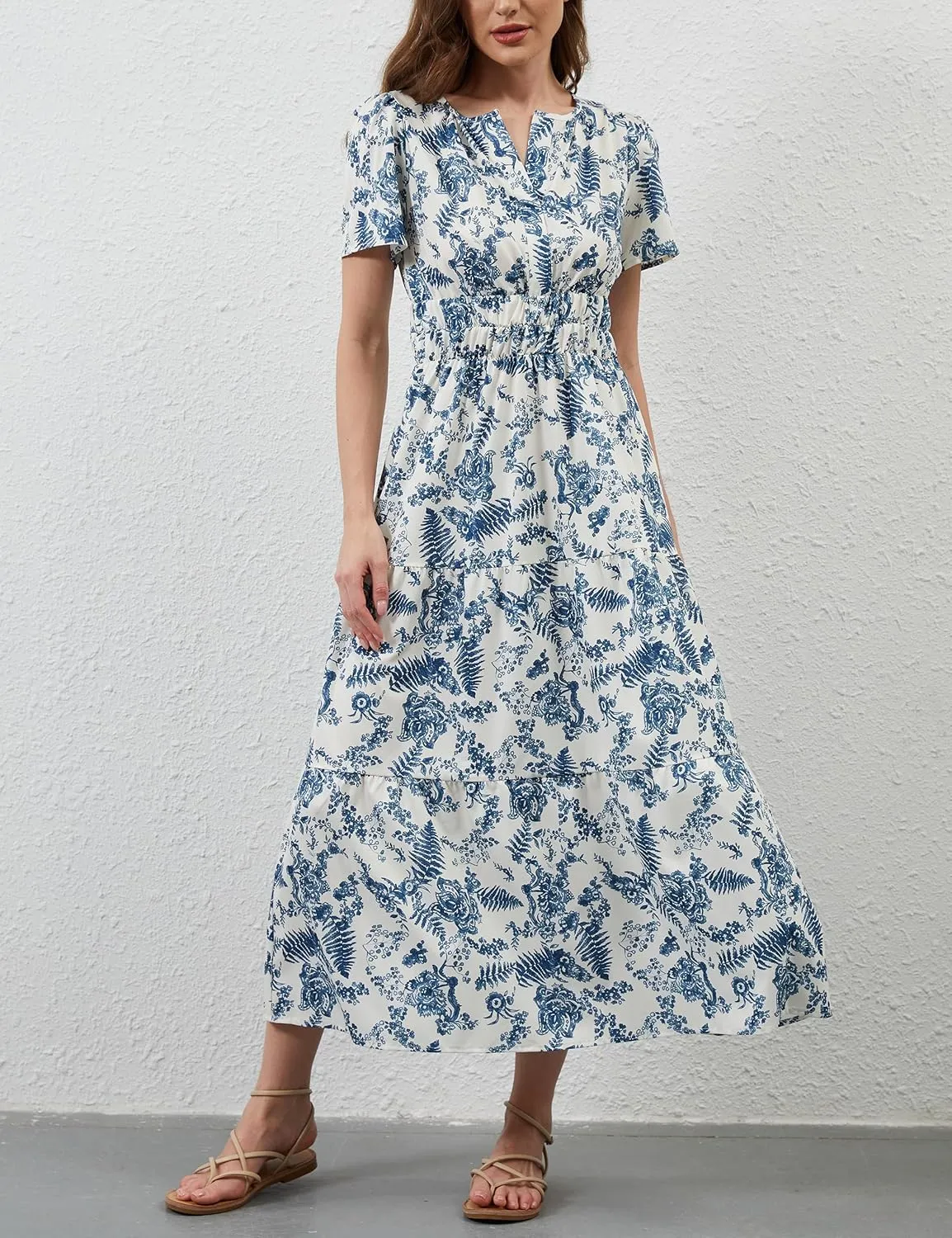 Women Casual Bohemian Floral Dress V Neck Short Sleeve Tiered Maxi Dress Summer Boho Flowy Swing Long Dresses
