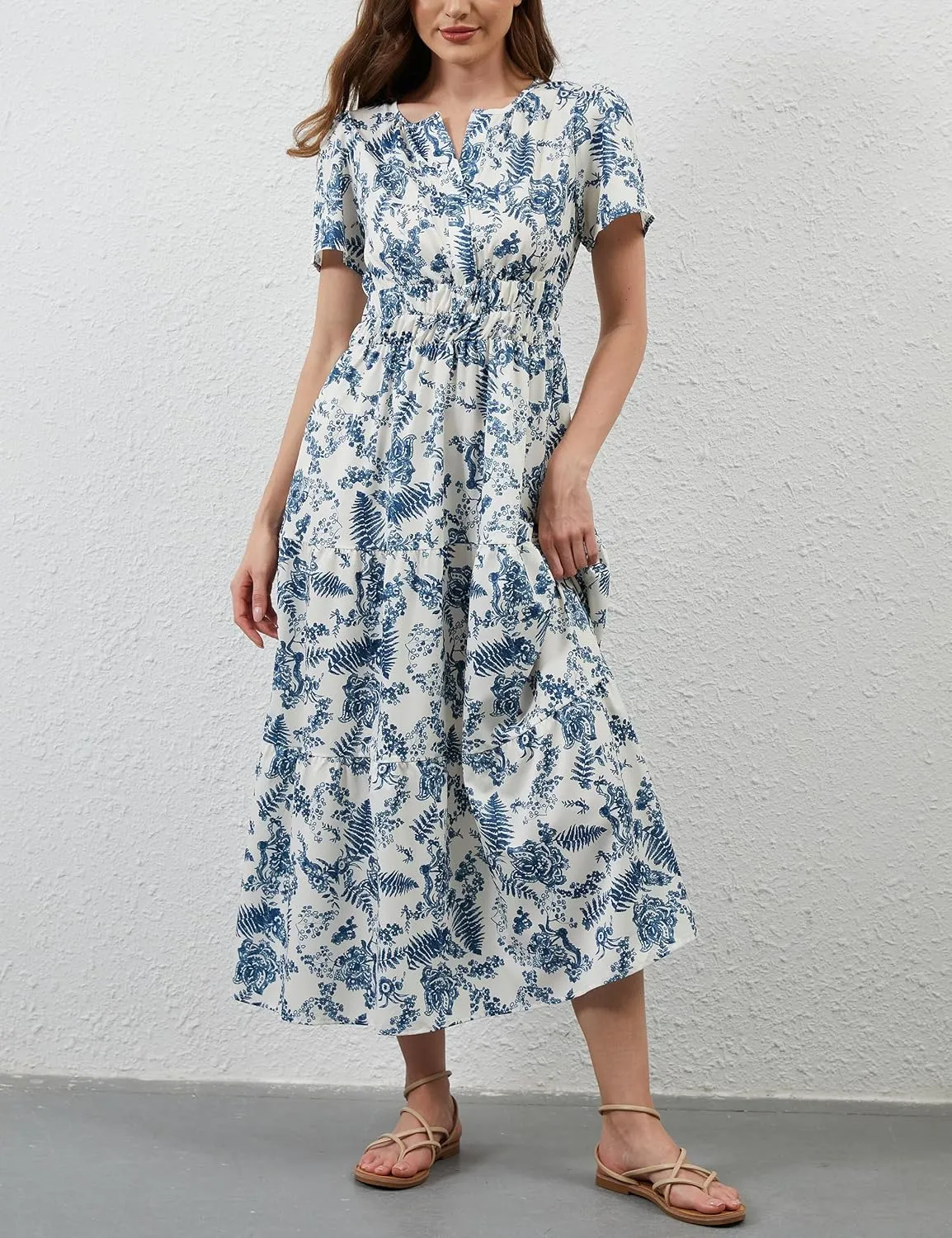 Women Casual Bohemian Floral Dress V Neck Short Sleeve Tiered Maxi Dress Summer Boho Flowy Swing Long Dresses