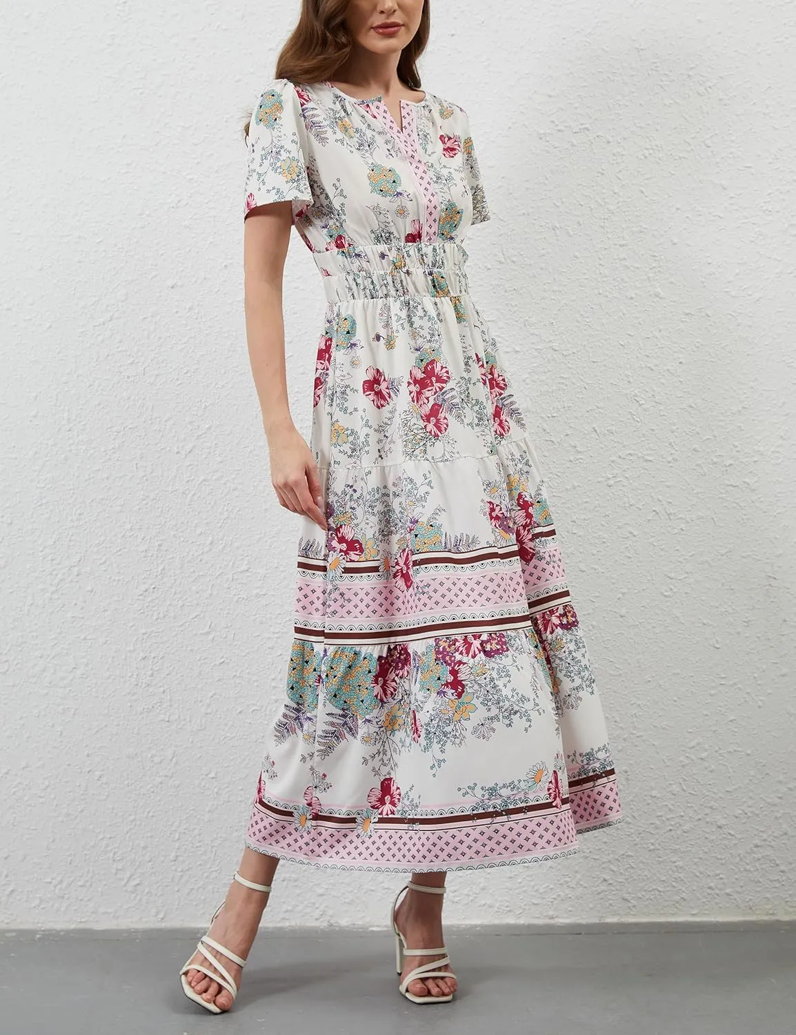 Women Casual Bohemian Floral Dress V Neck Short Sleeve Tiered Maxi Dress Summer Boho Flowy Swing Long Dresses