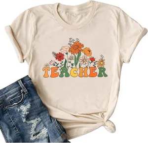 Women Flower Teacher Shirt Back to School Teaching Kindergarten Teacher Life Shirt Inspirational Letter Tee Tops