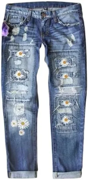 Women Vintage Floral Print High Waist Distressed Straight Leg Jean Loose Baggy Boyfriend Ripped Flower Denim Pant