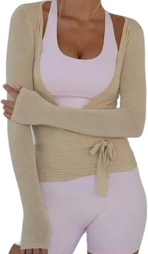 Women Y2k Tie Wrap Tops Deep V-Neck Ballet Tie Top Cross Wrap Tie Long Sleeve Yoga Workout T-Shirt Top