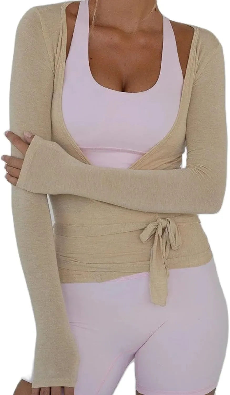 Women Y2k Tie Wrap Tops Deep V-Neck Ballet Tie Top Cross Wrap Tie Long Sleeve Yoga Workout T-Shirt Top