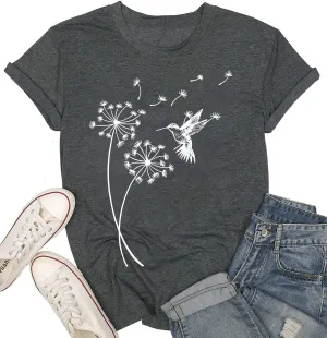 Women's Dandelion T Shirts Cute Wildflower Graphic Tees Funny Nature Bird Print Summer Casual Short Sleeve Tee Tops