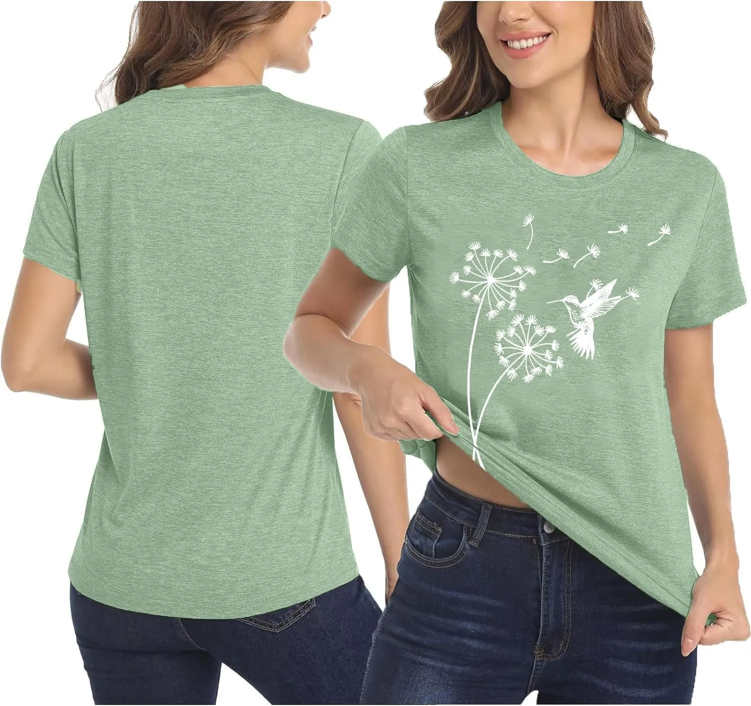Women's Dandelion T Shirts Cute Wildflower Graphic Tees Funny Nature Bird Print Summer Casual Short Sleeve Tee Tops
