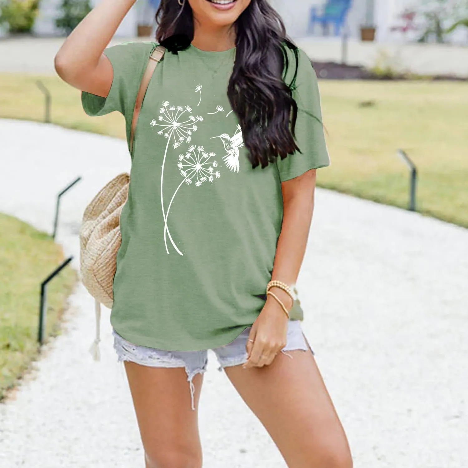 Women's Dandelion T Shirts Cute Wildflower Graphic Tees Funny Nature Bird Print Summer Casual Short Sleeve Tee Tops