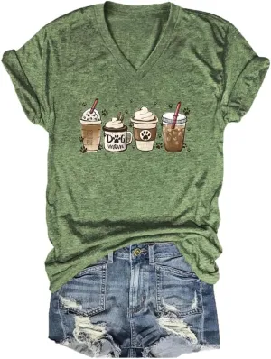 Women's Dog Mom Coffee Cup Graphic Tees Cute Paws Print Shirts V-Neck Pet Lovers T-Shirt Dogs Mama Shirt Funny Tops