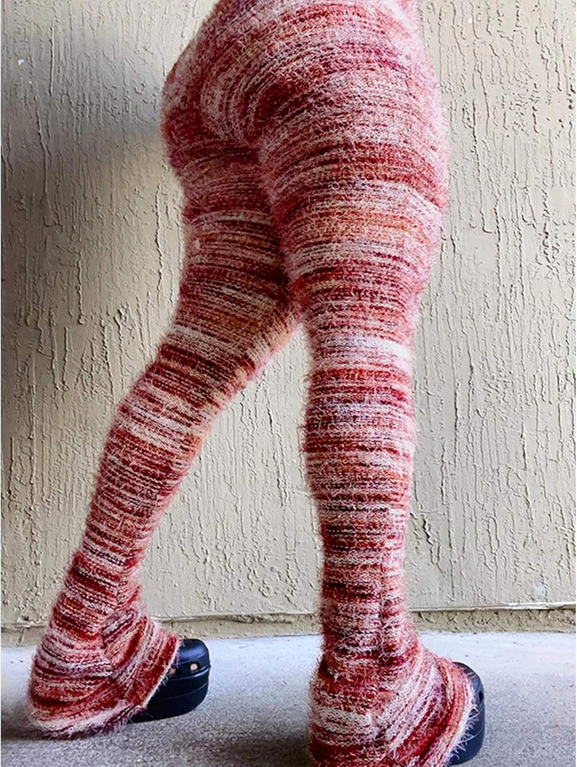 Women's Fleece Stacked Legging Pants High Wasited Colorful Fuzzy Strip Bell Bottom Knit Y2K Party Club Sweatpants