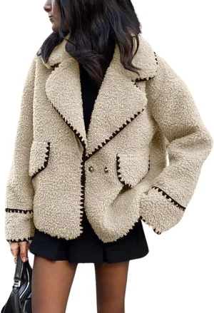 Women's Fuzzy Fleece Embroidered Jacket Notch Lapel Winter Faux Fur Sherpa Jacket Coat
