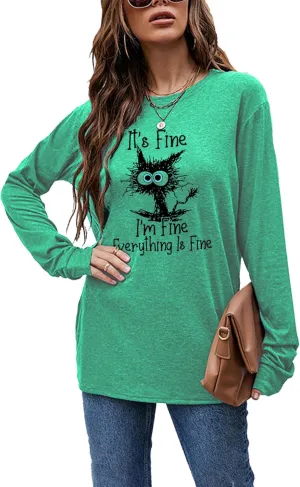 Women's I'm Fine Everything is Fine T-Shirts Long Sleeve Sayings Loose Fit Casual Cute Cat Graphic Crew Neck Tee Blouse Tops