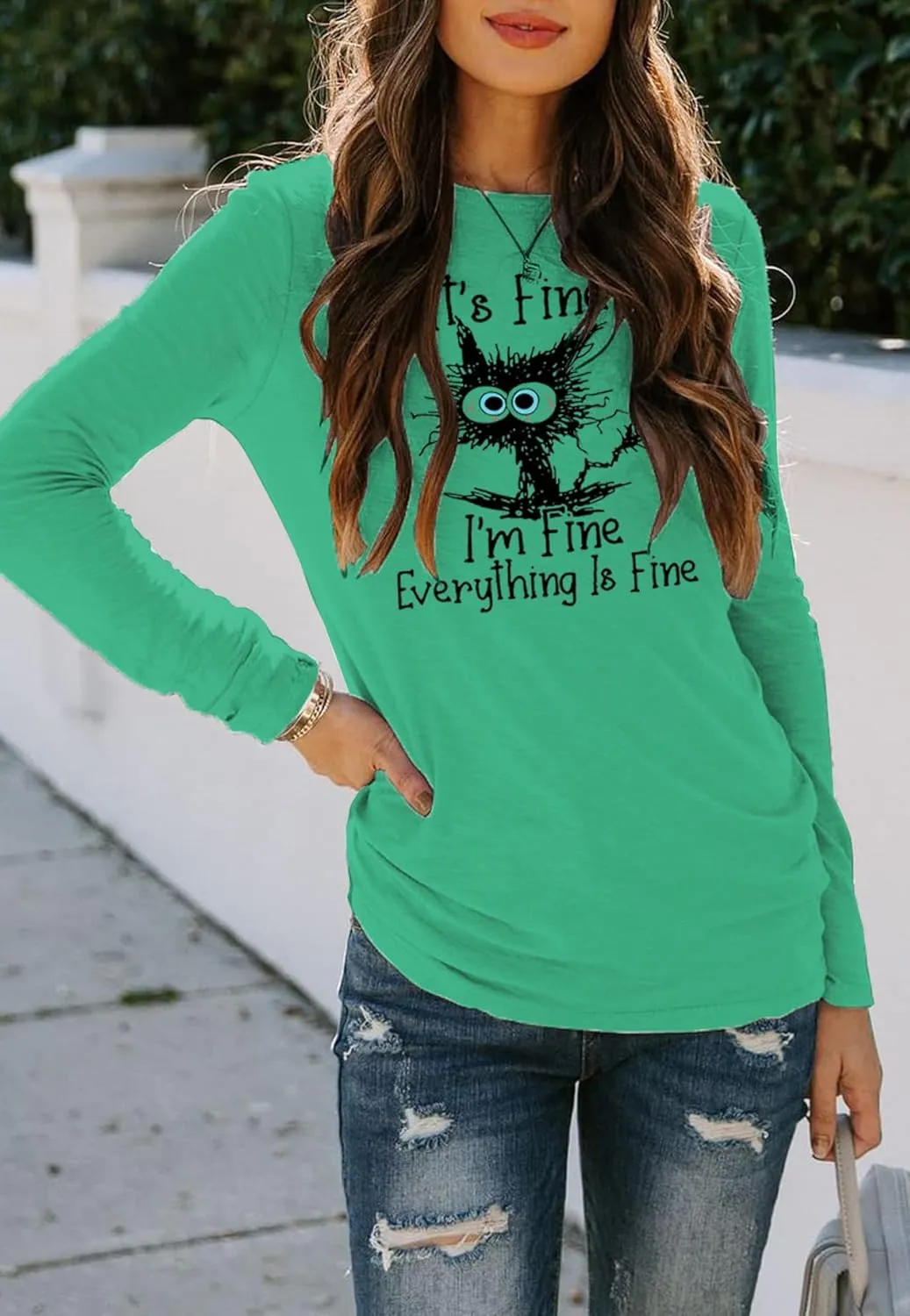 Women's I'm Fine Everything is Fine T-Shirts Long Sleeve Sayings Loose Fit Casual Cute Cat Graphic Crew Neck Tee Blouse Tops