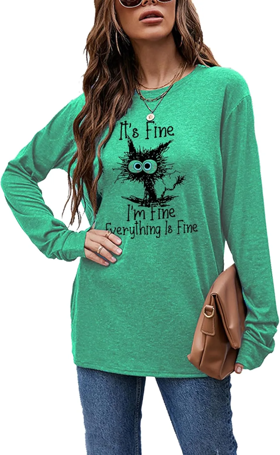 Women's I'm Fine Everything is Fine T-Shirts Long Sleeve Sayings Loose Fit Casual Cute Cat Graphic Crew Neck Tee Blouse Tops