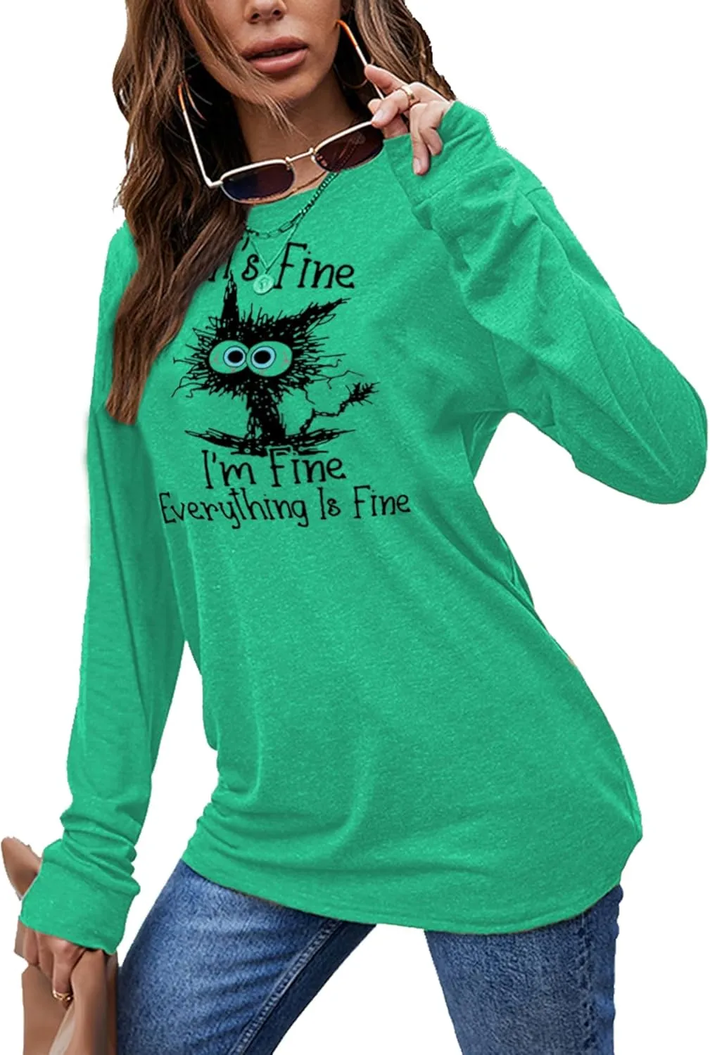 Women's I'm Fine Everything is Fine T-Shirts Long Sleeve Sayings Loose Fit Casual Cute Cat Graphic Crew Neck Tee Blouse Tops
