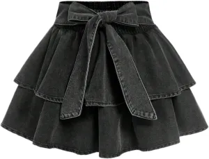Women's Plus Size Denim Mini Skirt Y2k Bow Tie Knot Ruffle Tiered Short Jean Skirts