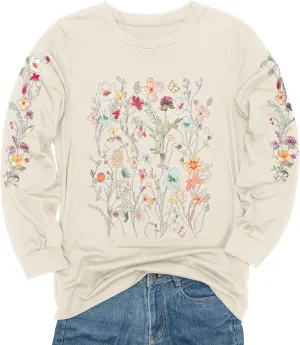 Women's Sleeve Print Flowers T-Shirt Casual Long Sleeve Boho Wildflowers Vintage Botanical Floral Nature Tees Tops