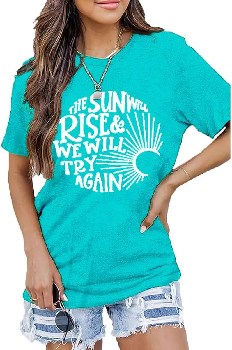 Womens Sunshine Sunrise Graphic Tee Summer Casual Short Sleeve Positive Saying Letter Print Teacher Inspirational T Shirt
