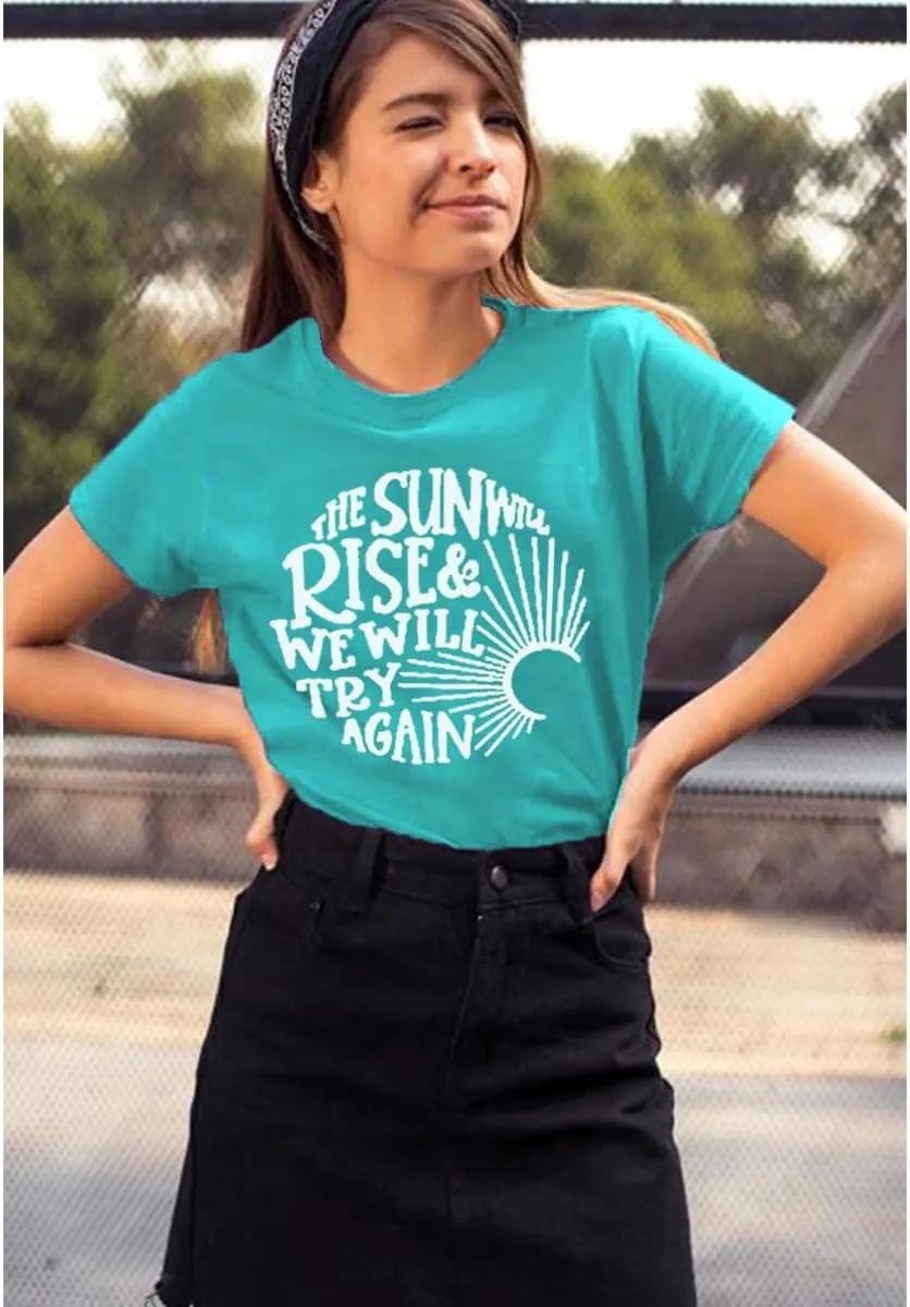 Womens Sunshine Sunrise Graphic Tee Summer Casual Short Sleeve Positive Saying Letter Print Teacher Inspirational T Shirt