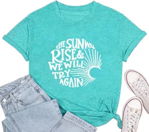 Womens Sunshine Sunrise Graphic Tee Summer Casual Short Sleeve Positive Saying Letter Print Teacher Inspirational T Shirt