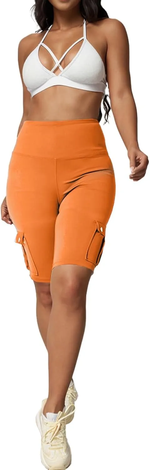 Womens Workout Shorts with Cargo Pockets High Waisted Scrunch Butt Gym Biker Booty Shorts