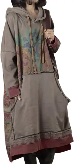 YESNO Women Long Casual Hooded Sweatshirt Dress Ethnic Floral Print Color Block Hemline with Pockets JFD